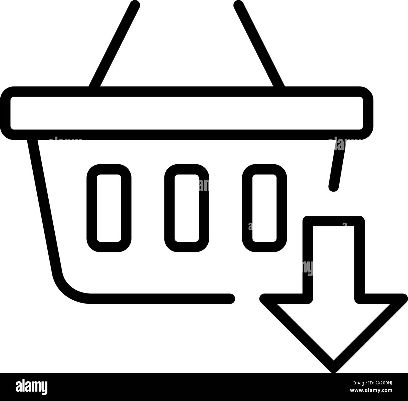 Shopping basket with arrow pointing down. Saving items for later, offline purchase viewing. Pixel perfect vector icon Stock Vector