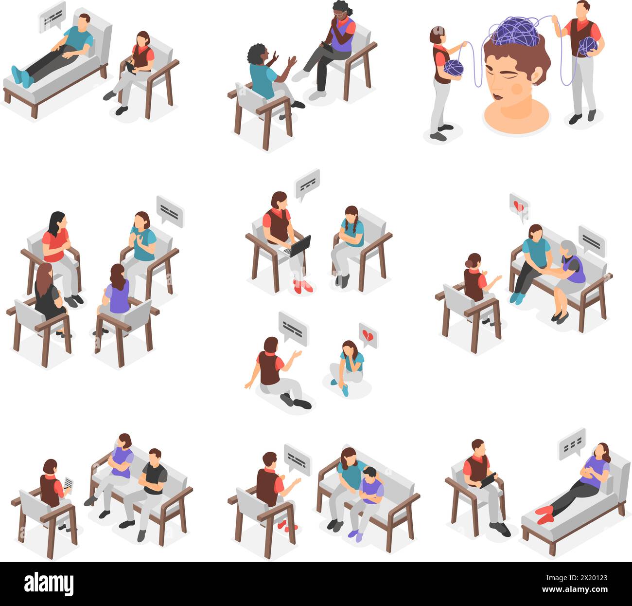 Isometric psychotherapy characters. People sitting in chair, lying on the couch and talking with professional psychologist or psychotherapist Stock Vector