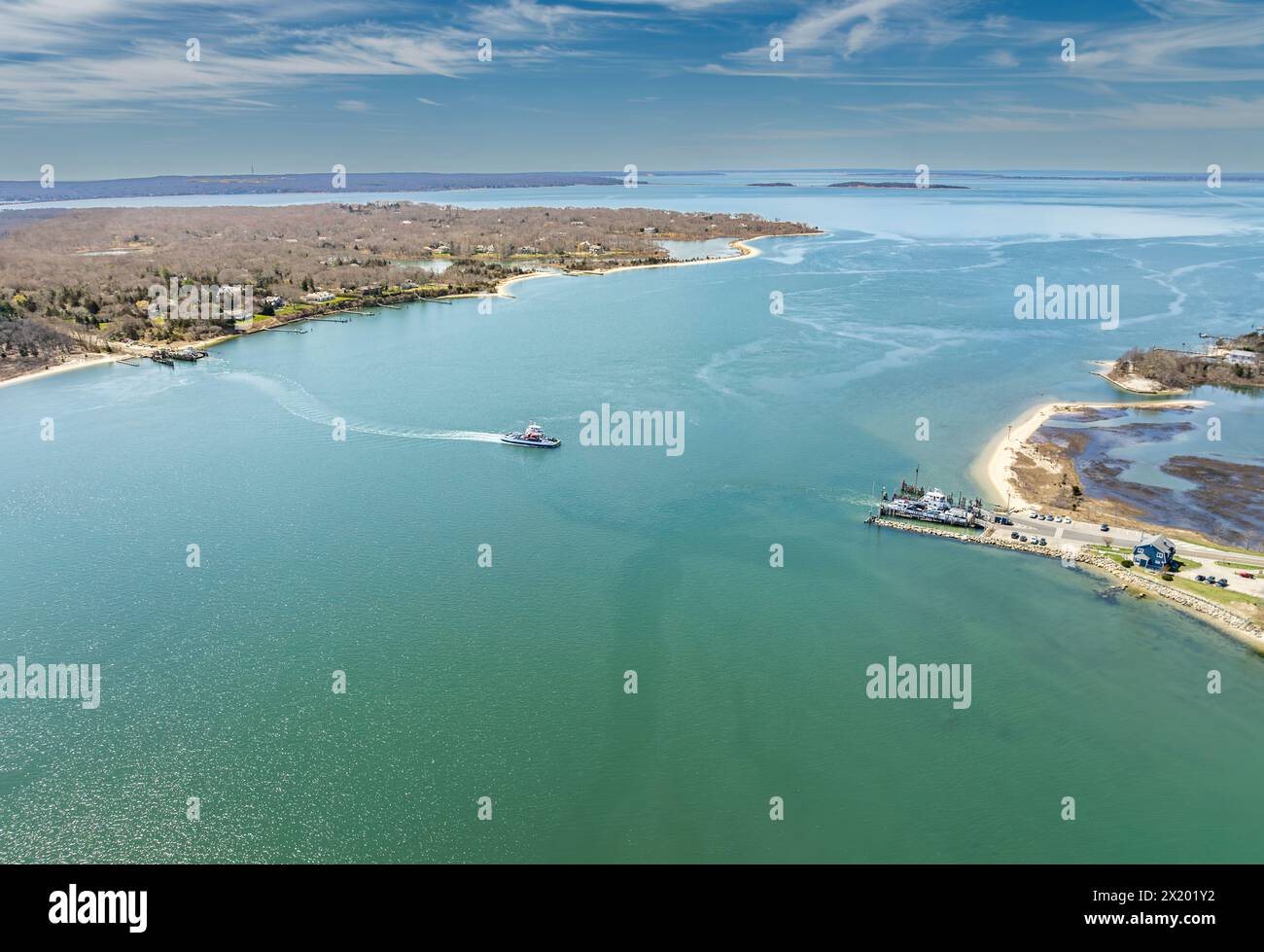 Aerial view of the shelter island ferry make a crossing Stock Photo