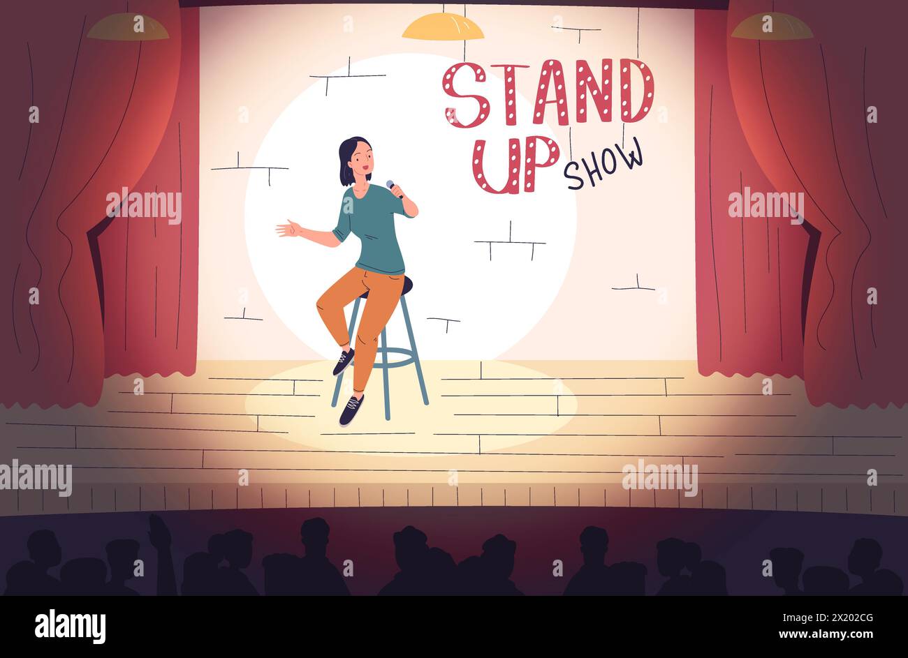 Standup comedian. Stand up person on stool speaking monologue at scene stand-up comedy humor show, laughing people performance theatre stage background classy vector illustration of comedian mic Stock Vector