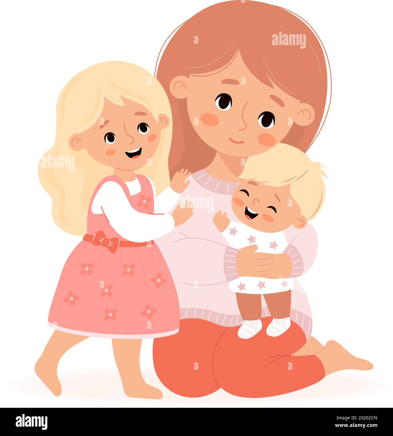 Happy family. Mom with little son and daughter. Vector illustration flat cartoon style. Cute woman with blonde children. Stock Vector