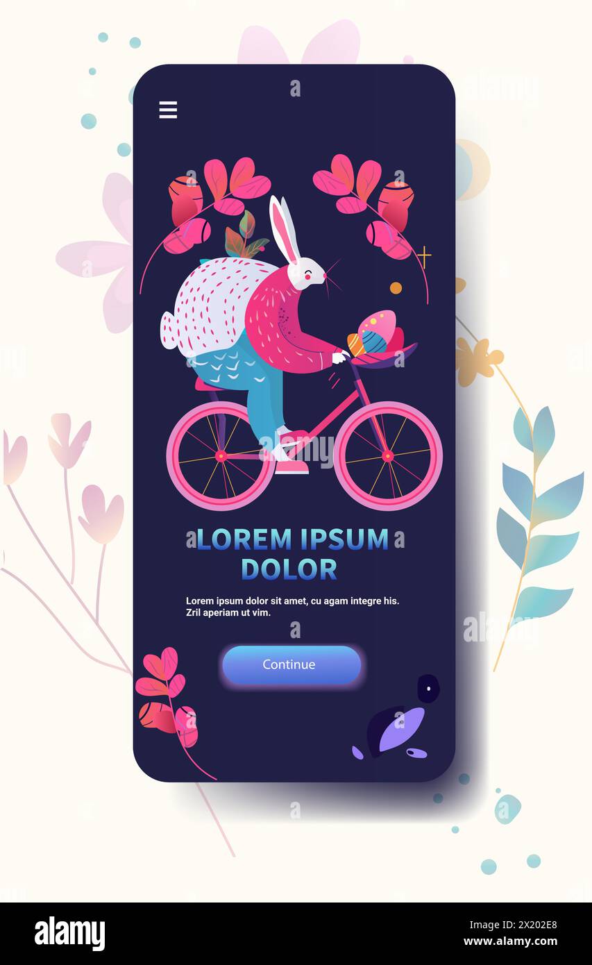 Happy Easter greeting card with rabbit riding on bike spring holiday celebration card vertical copy space Stock Vector