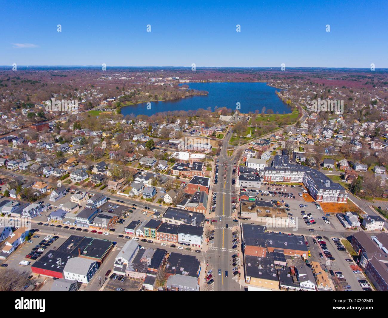 Wakefield historic town center and Lake Quannapowitt aerial view on ...