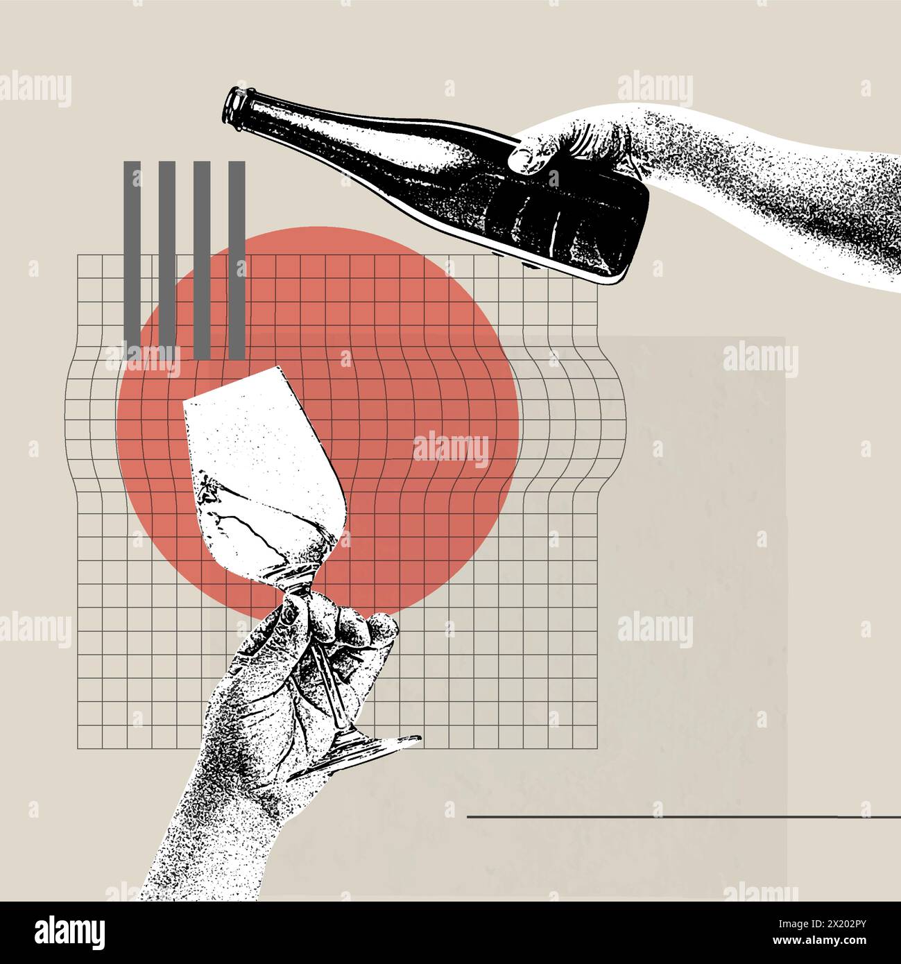 Vector illustration. Contemporary art collage. Conceptual image. Wine pouring into glass. Degustation. Retro design. Take a break and drink wine. Stock Vector