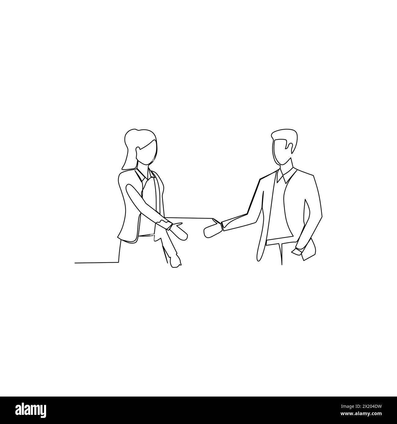 Businessman and businesswoman who holds a tab having a business discussion. Effective communication in business concept. Simple continuous line Stock Vector