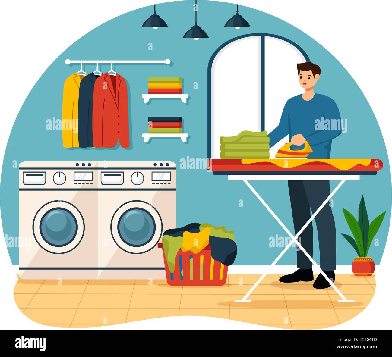 Dry Cleaning Store Service Vector Illustration with Washing Machines, Dryers and Laundry for Clean Clothing in Flat Cartoon Background Design Stock Vector