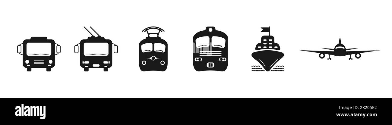 City transport black logos vector. Vehicles for travel. Set of black public bus, train, plane, ship vector icons. Vector illustration. Stock Vector