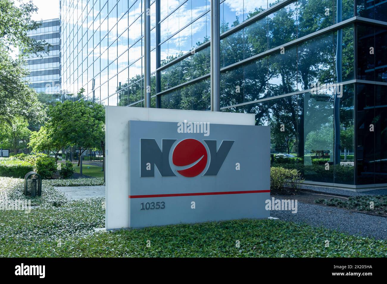 NOV logo sign on the building at its headquarters in Houston Texas