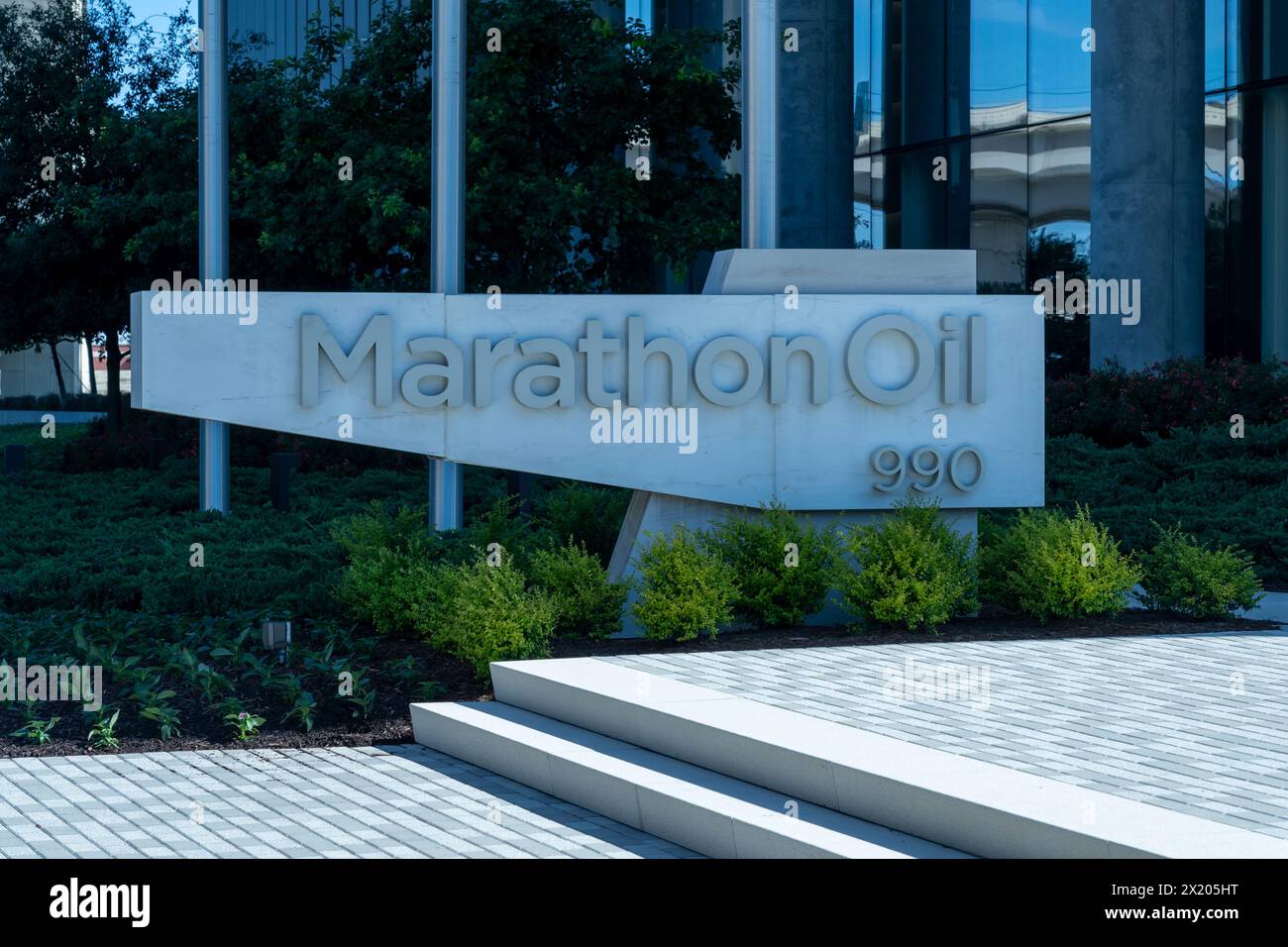 Close up of Marathon Oil sign at  its headquarters in Houston, Texas, USA. Stock Photo