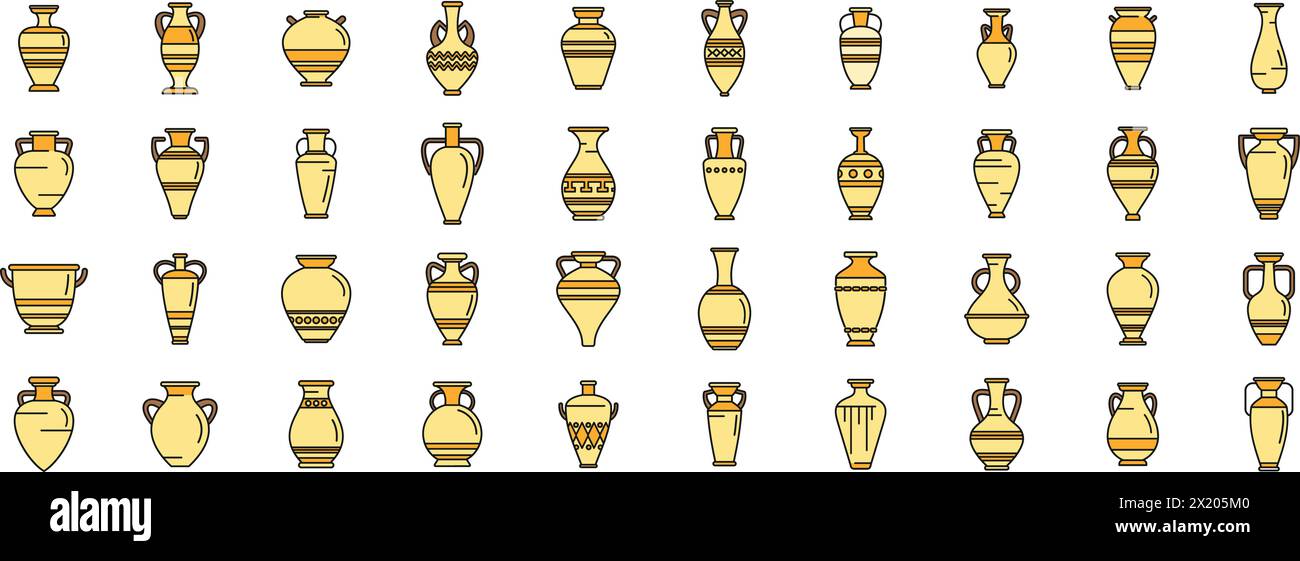 Amphora icons set outline vector. Vase pottery. Greek jar thin line color flat on white Stock Vector