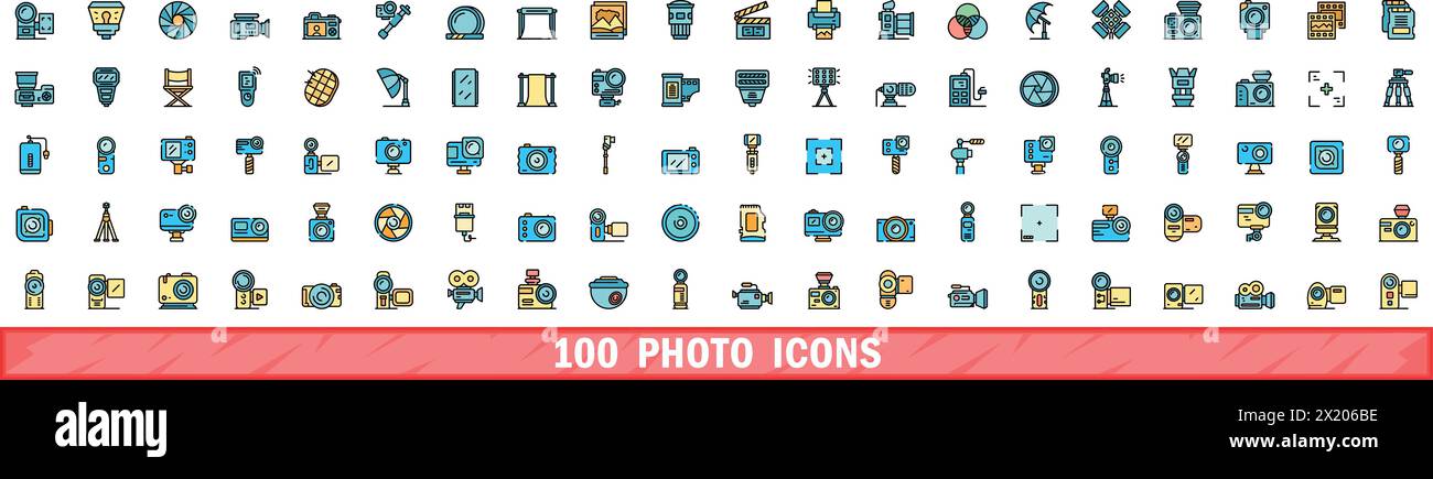 100 photo icons set. Color line set of photo vector icons thin line ...