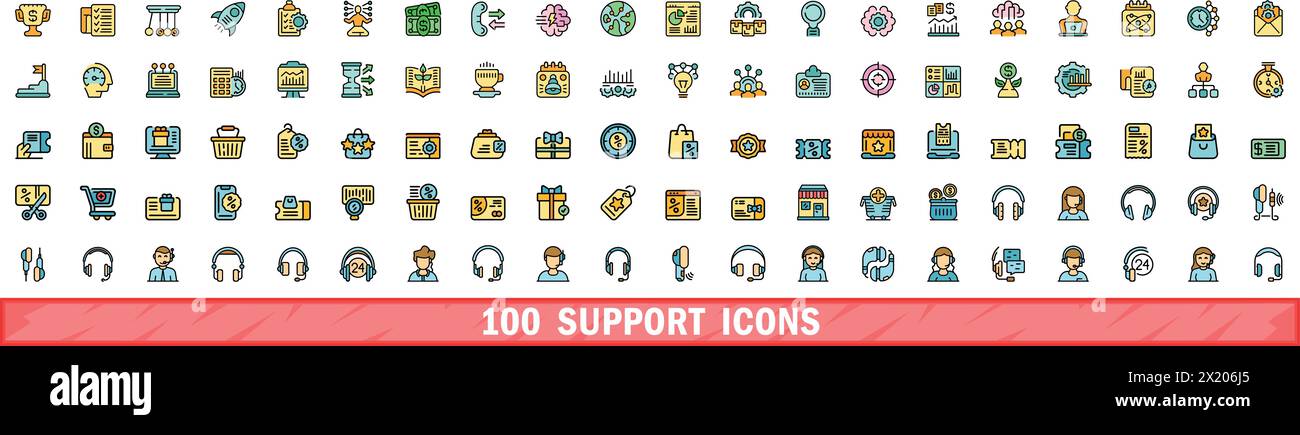 100 support icons set. Color line set of support vector icons thin line color flat on white Stock Vector