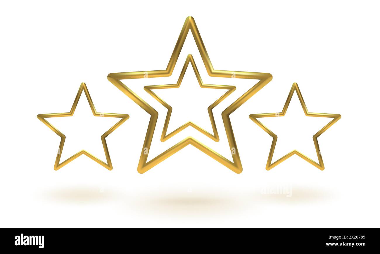 Vector icon of golden stars on white background. Achievements for games or customer rating feedback of website. Vector illustration of metallic stars Stock Vector