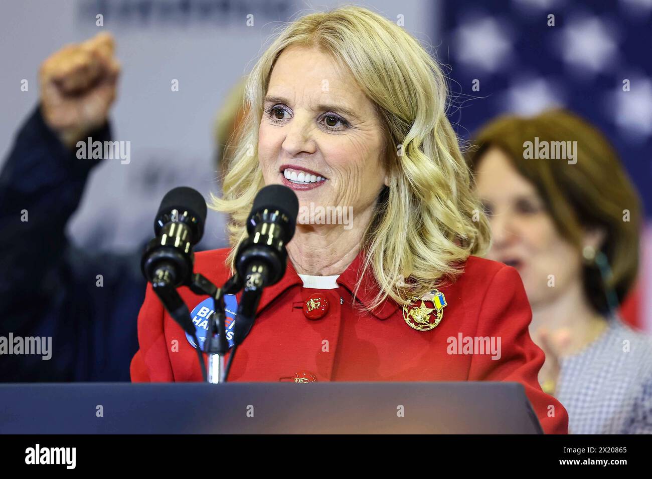 Kerry Kennedy, daughter of the late United States Senator Robert F. Kennedy (Democrat of New York), delivers remarks endorsing US President Joe Biden for re-election during a campaign event at M.L. King Recreation Center in Philadelphia, Pennsylvania on Thursday, April 18, 2024 Credit: Saquan Stimpson/CNP Stock Photo