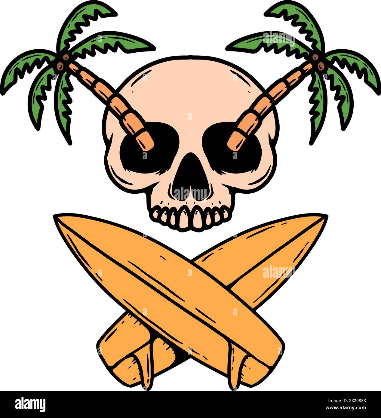 Skull with crossed surfers boards. Vector illustration Stock Vector