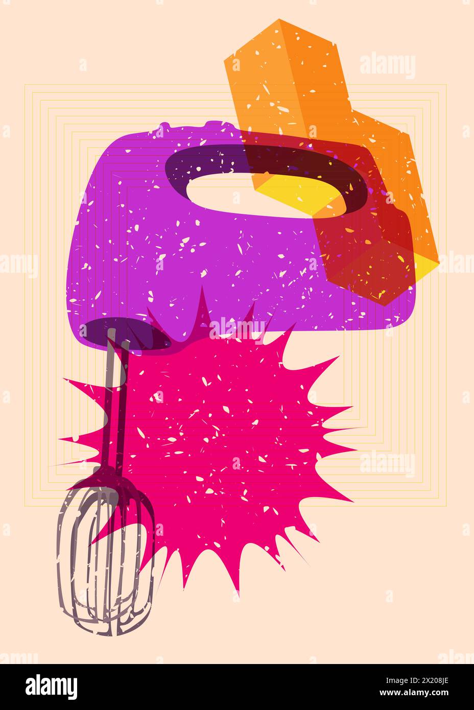 Risograph mixer with geometric shapes. Objects in trendy riso graph print texture style design with geometry elements. Stock Vector