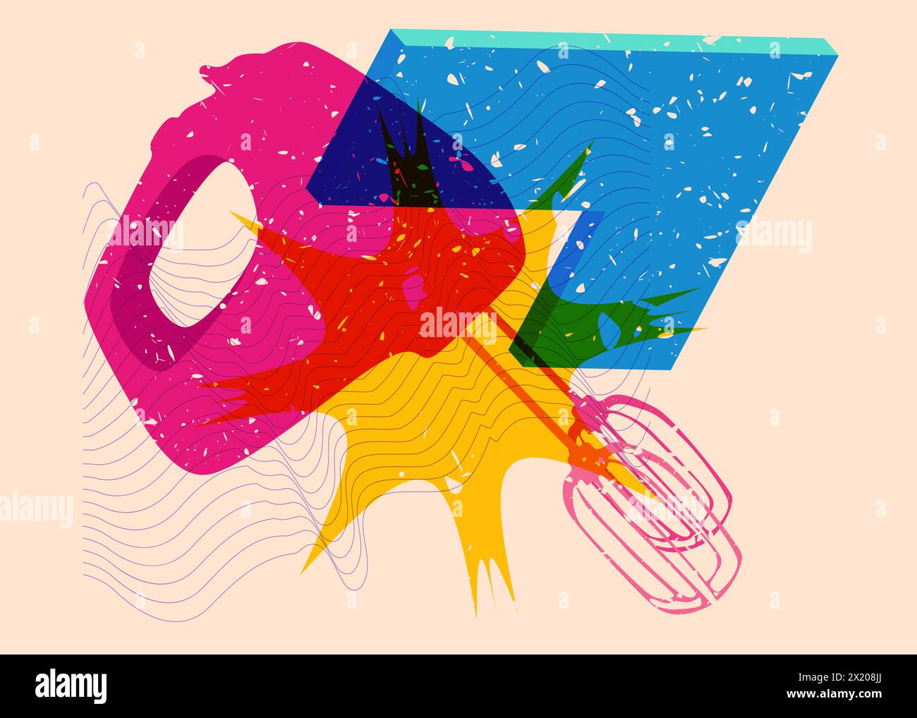 Risograph mixer with geometric shapes. Objects in trendy riso graph print texture style design with geometry elements. Stock Vector
