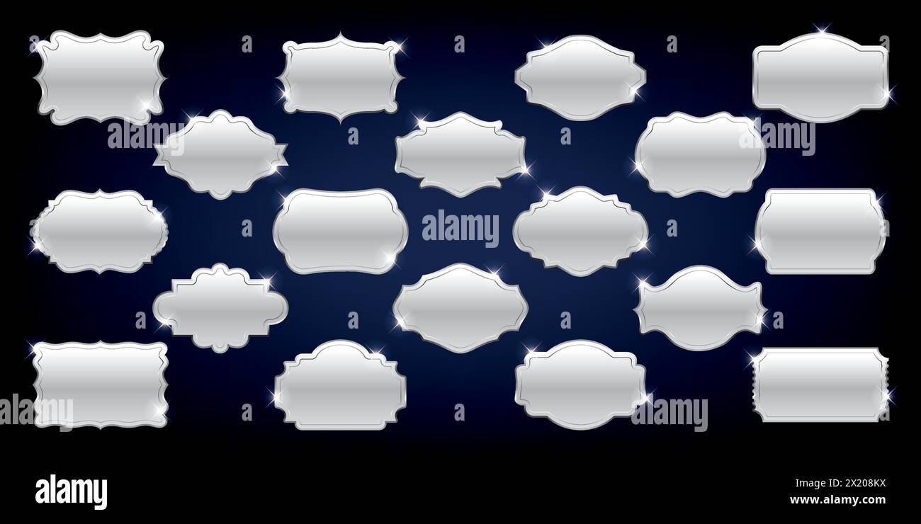 Retro silver metal badge label set vector illustration. Stock Vector