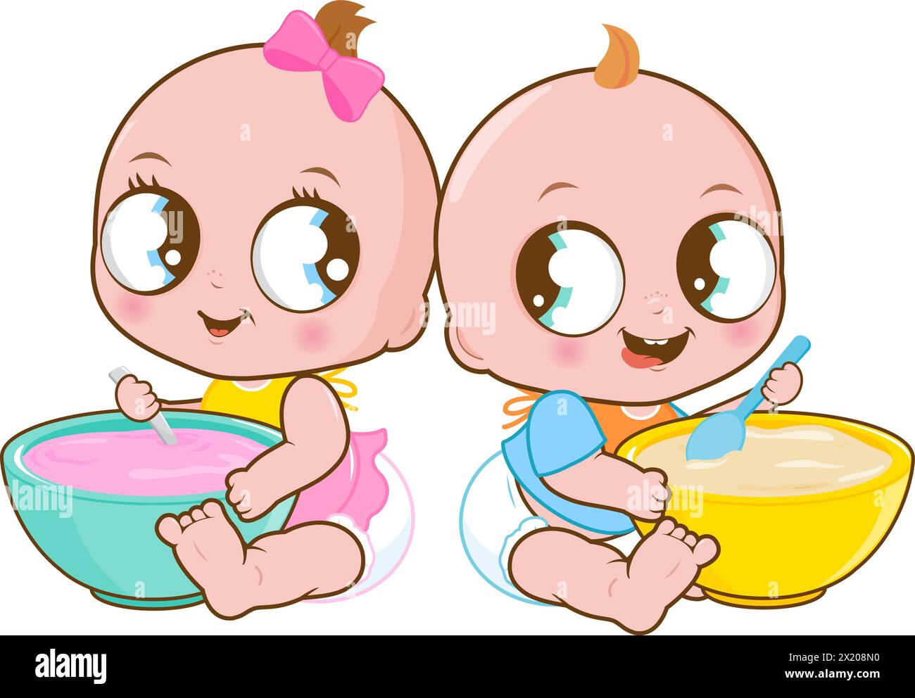 Cute babies eating baby food in bowls. Toddler baby boy and girl eating