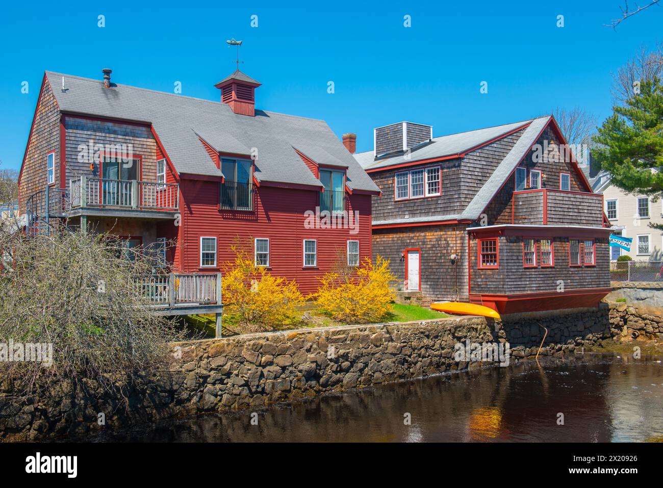 Waterfront residential houses in historic town center of Manchester-by-the-Sea, Cape Ann, Massachusetts MA, USA. Stock Photo