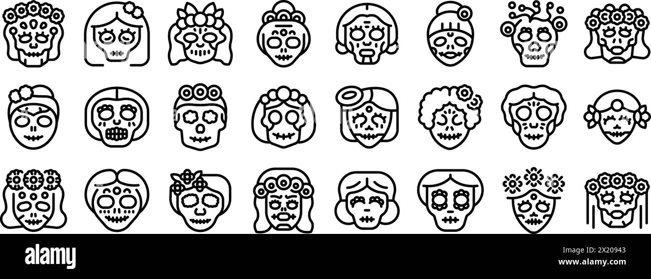 Mexican female skull icons set outline vector. Dead lady. Mexican holiday Stock Vector