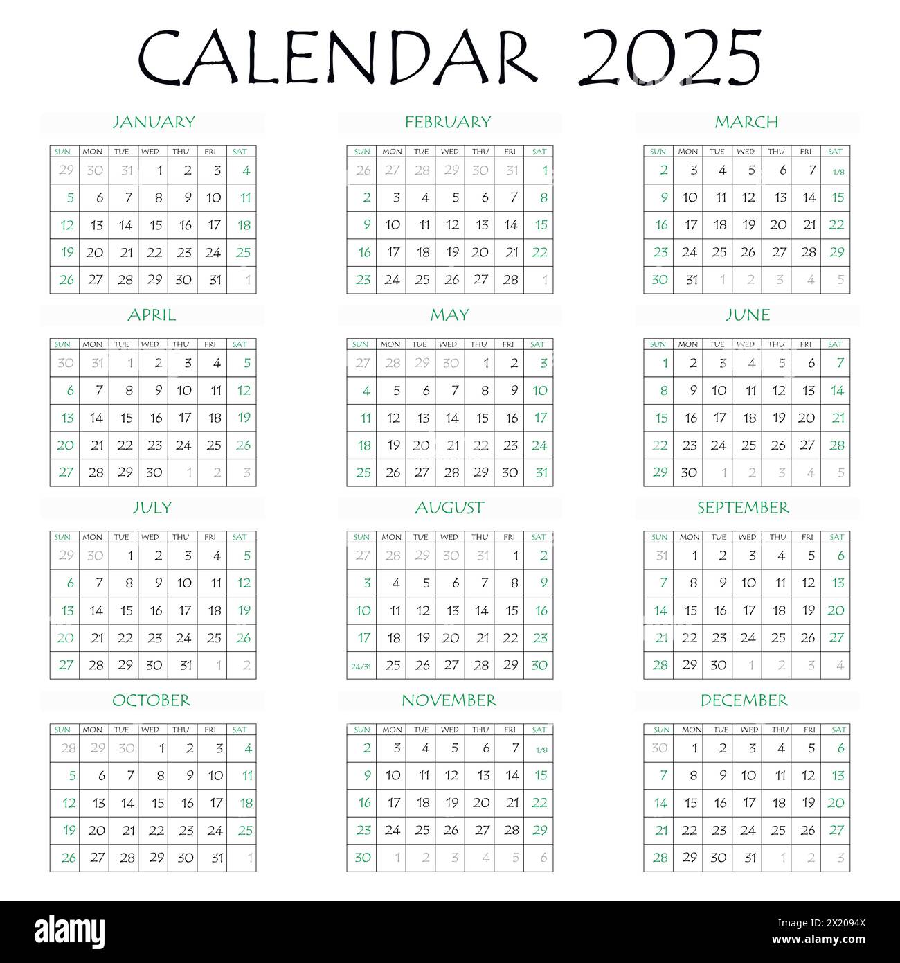 2025 calendar planner. Corporate week. Template layout, 12 months