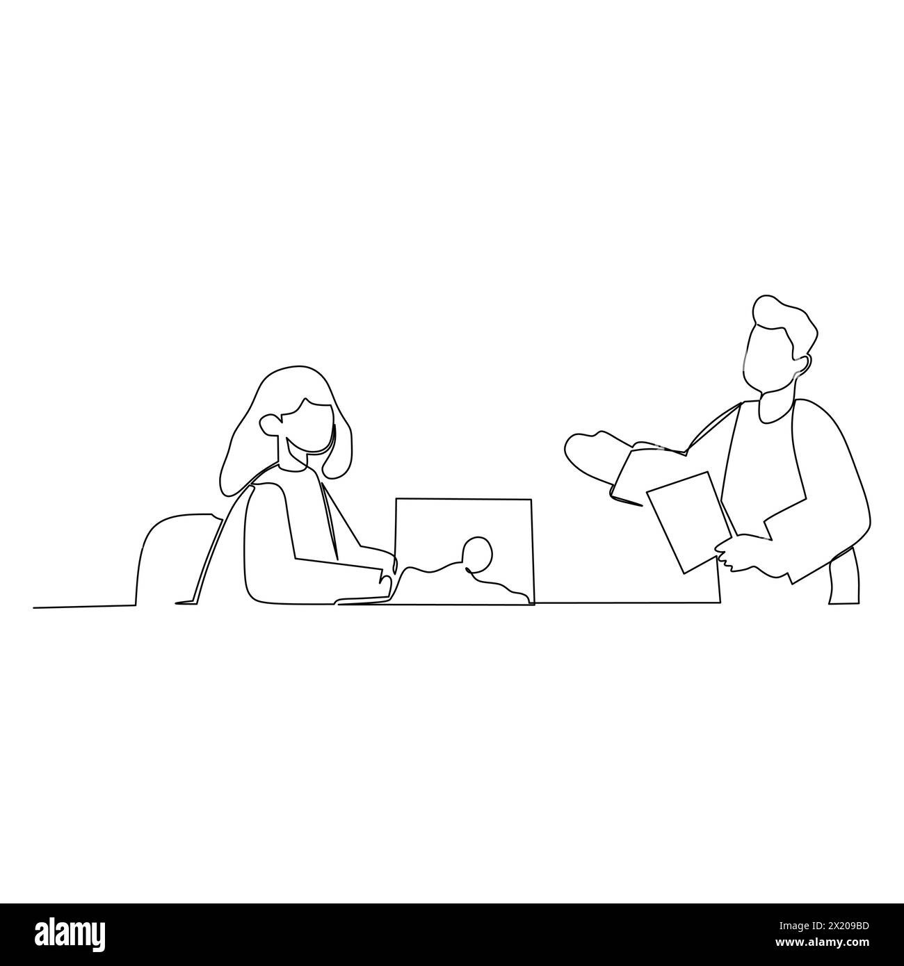 Businessman talking to his colleague. Effective communication in business concept. Simple continuous line drawing vector illustration Stock Vector