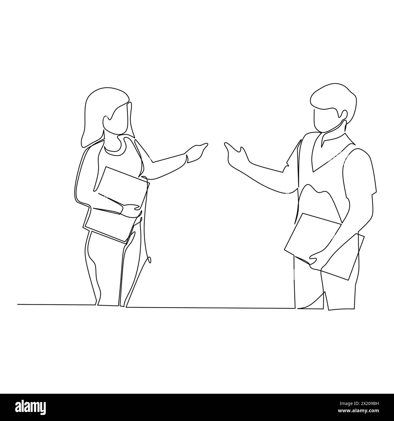 Businessman and businesswoman having conversation. Effective communication in business concept. Simple continuous line drawing vector illustration Stock Vector