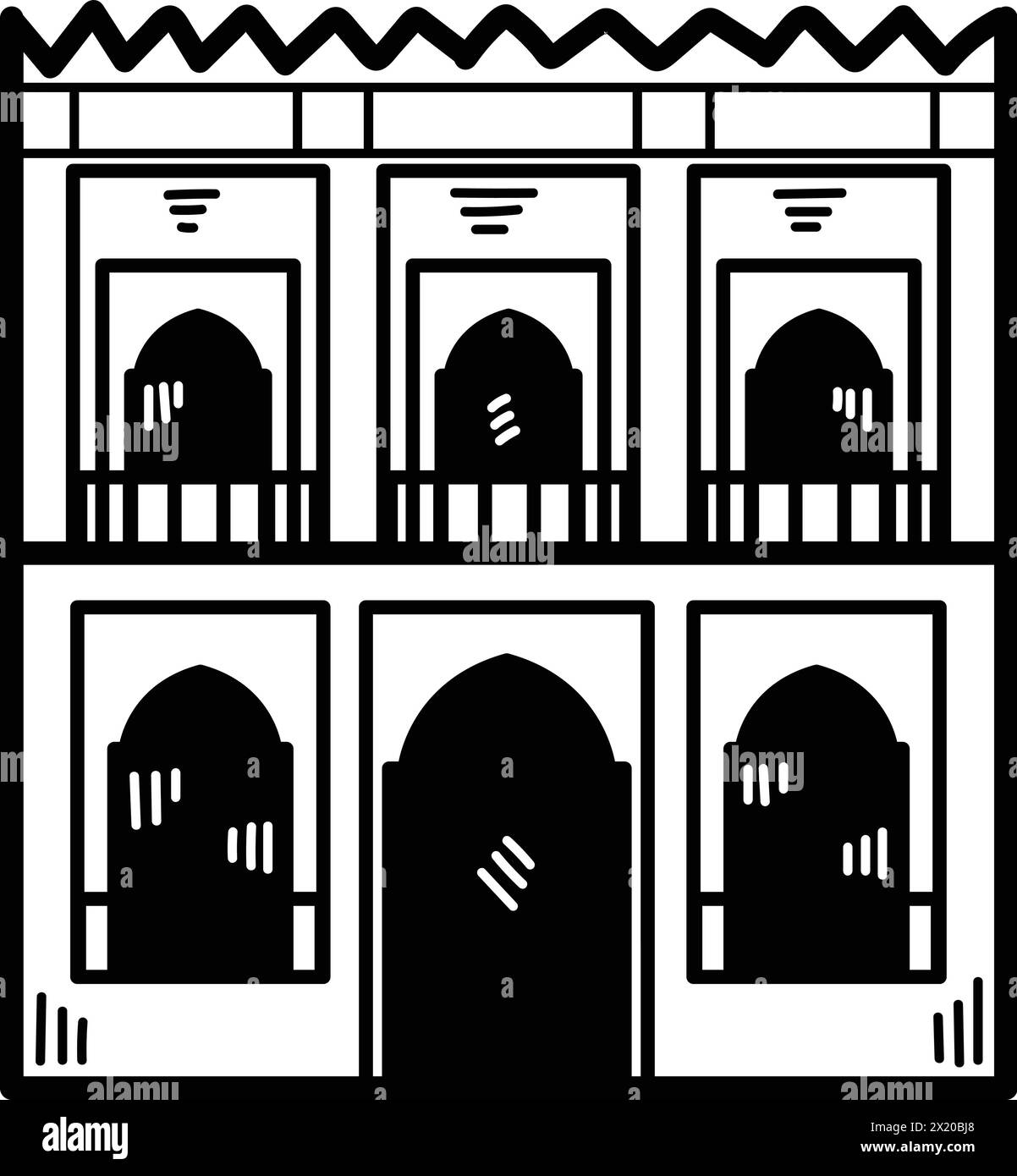 A large building with a large archway and a small window. The building is in a foreign country Stock Vector