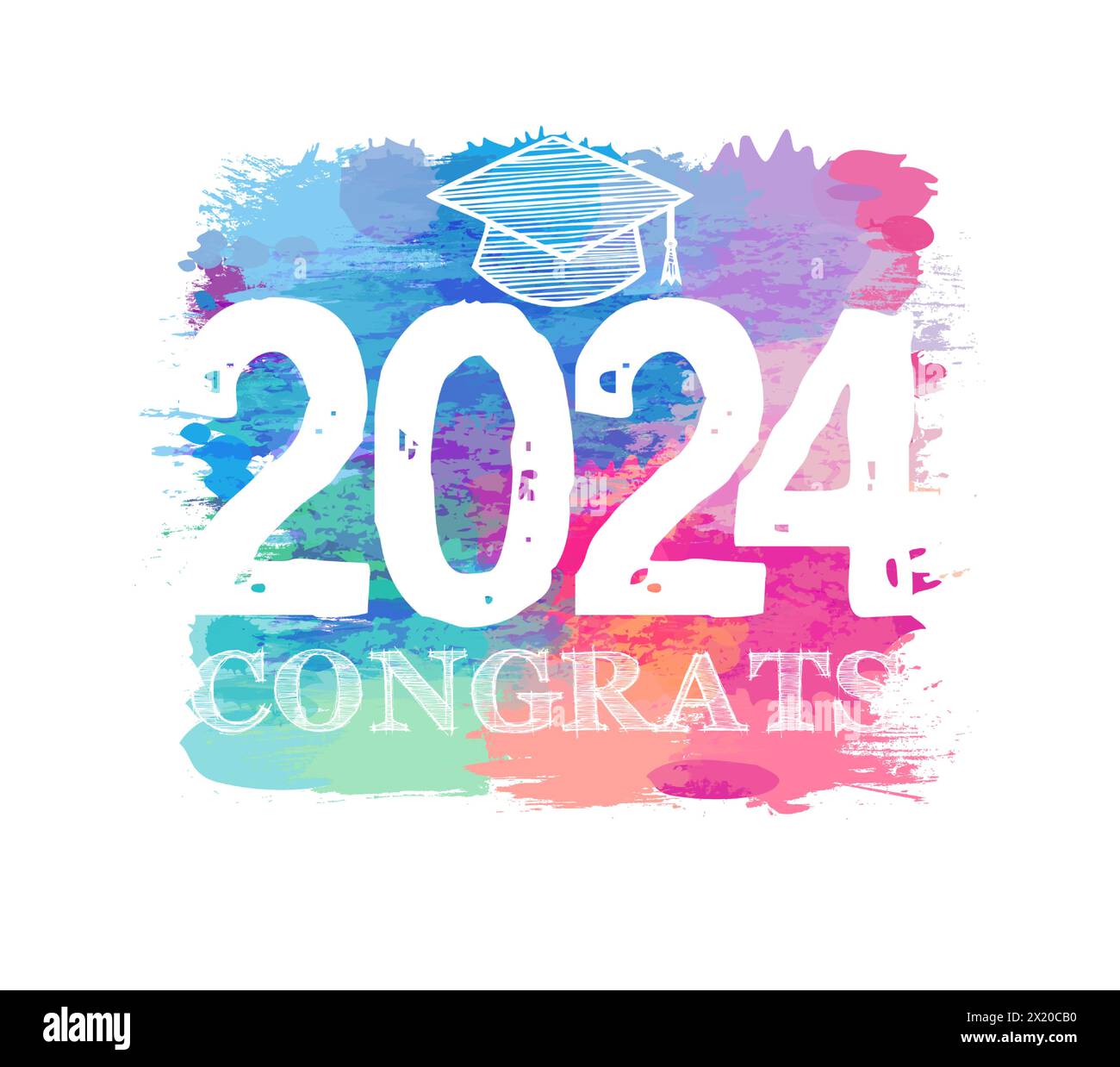 Cute artistic colorful banner for class of 2024 graduates. Congrats concept. Modern style icon or logo. Web button. Modern style texture with brushing Stock Vector
