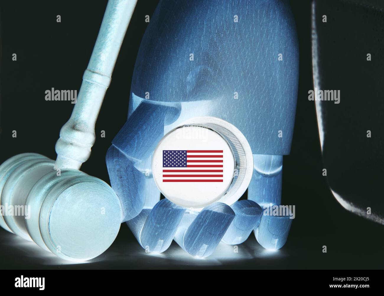 Flag of United States European Union with Gavel and robot hand . Symbolizing the potential regulation of AI from the US Congress Stock Photo