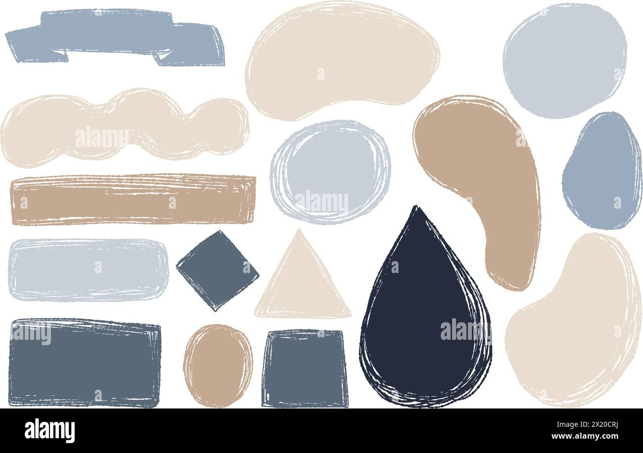 Texture drawings scribbles. Curved chalk shapes and geometric figures. Vector isolated elements with textured scribbles. Multicolored pastel minimalis Stock Vector