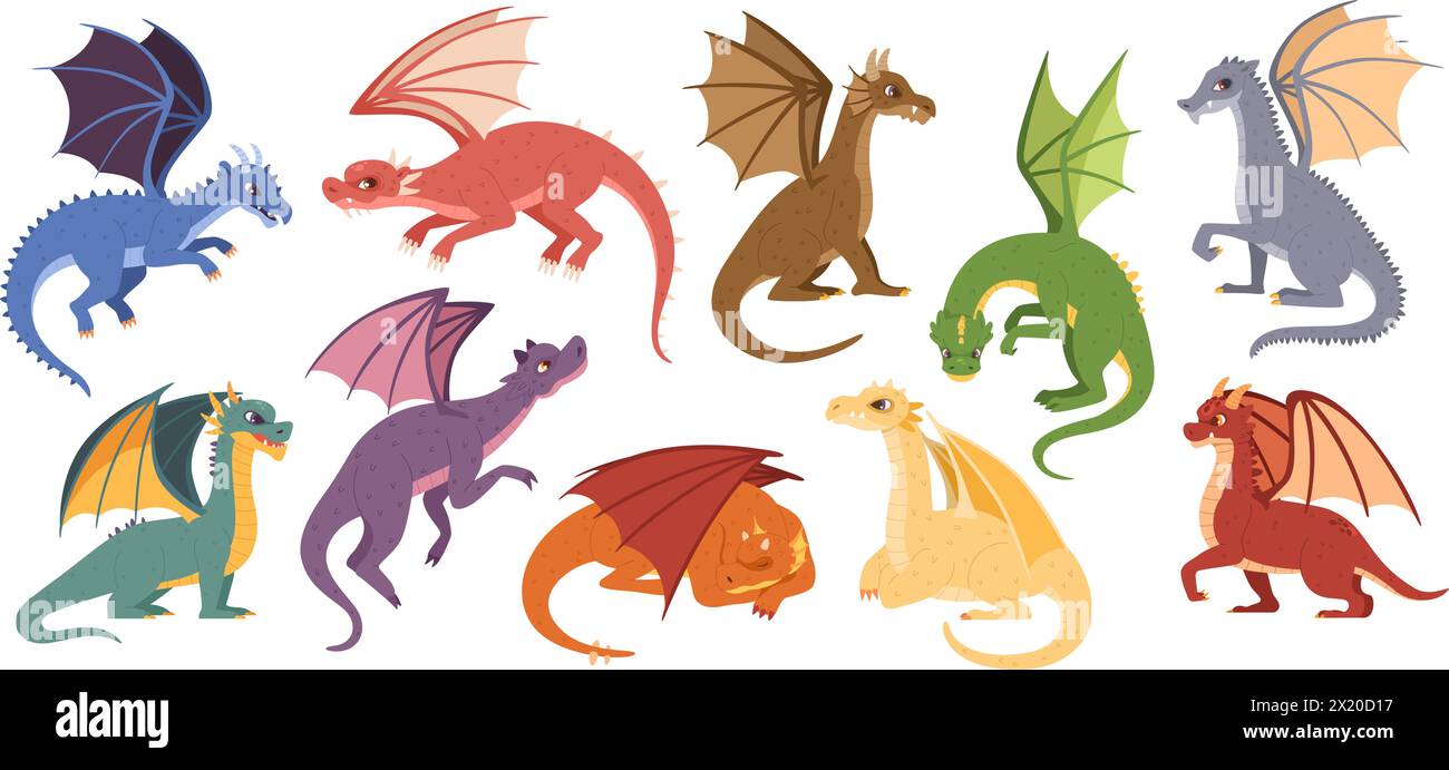 Magic dragons. Mythical creatures, flying dragon and fantasy monster isolated cartoon vector illustration set of animal dragon fantasy, magic monster Stock Vector