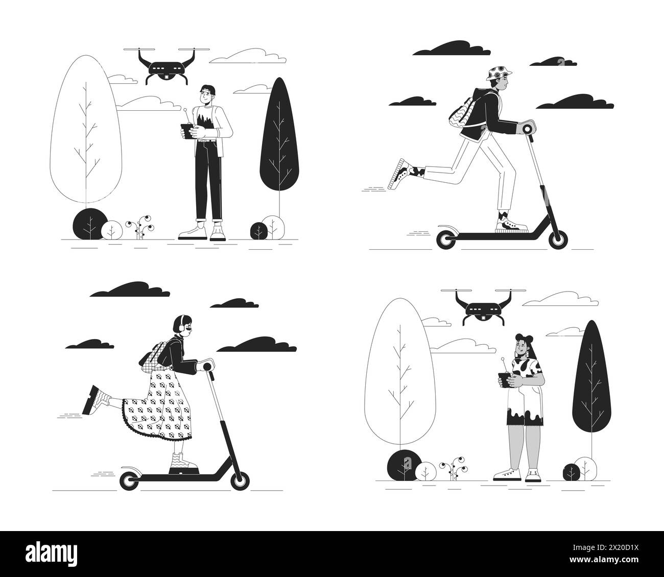 Technology in everyday life black and white cartoon flat illustrations