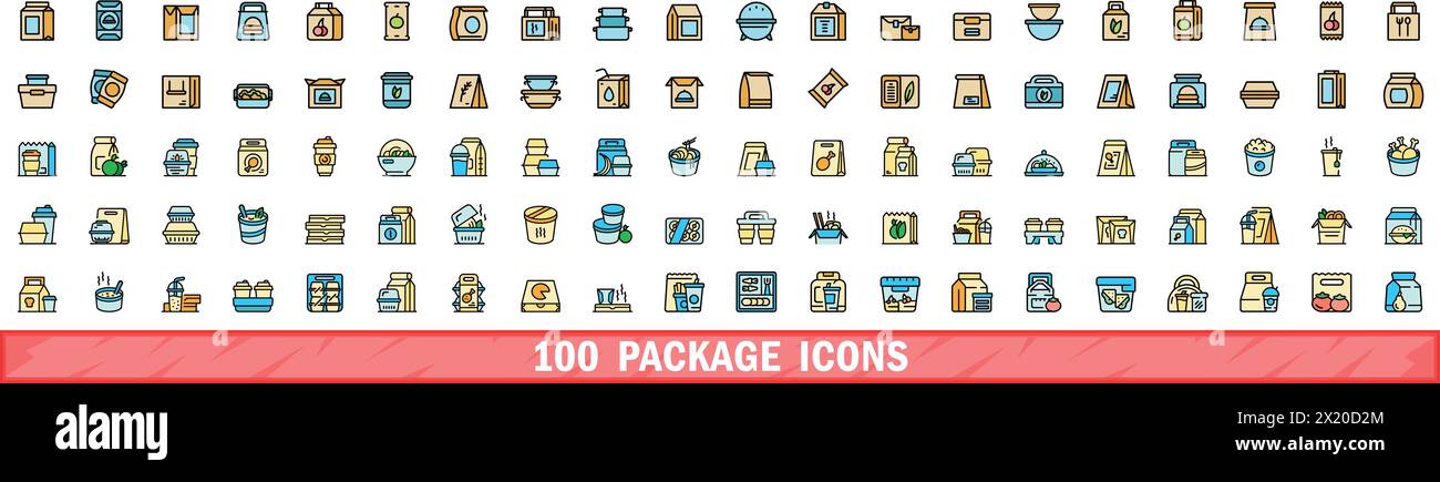 100 package icons set. Color line set of package vector icons thin line ...