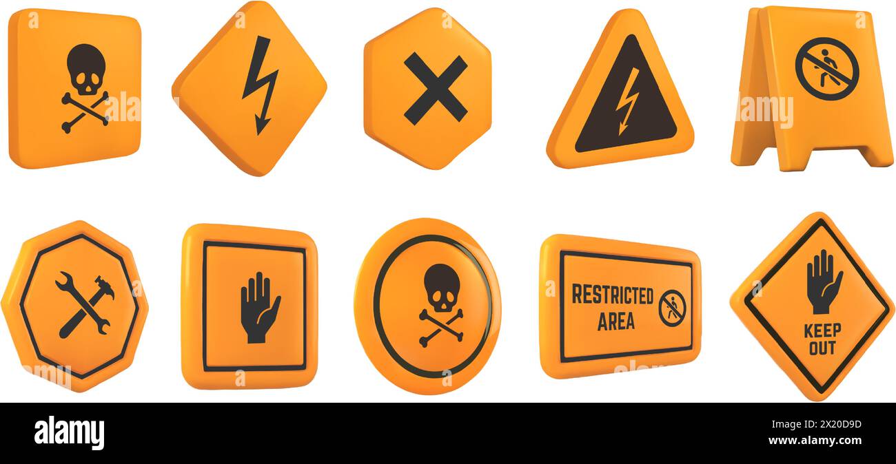 Caution 3D signs. Hazard warning, safety and caution symbols. High voltage, do not enter, and restricted area sign vector illustration set of caution Stock Vector