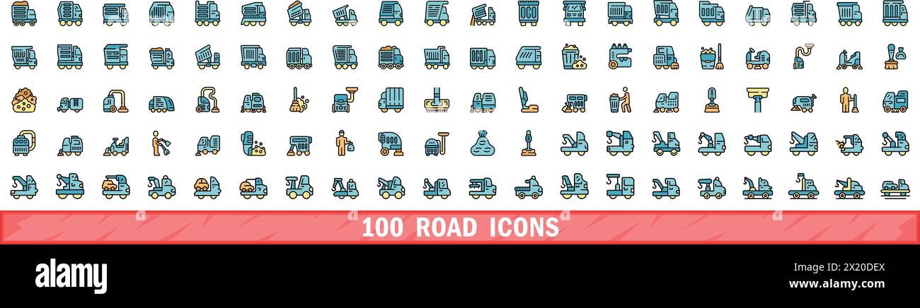 100 road icons set. Color line set of road vector icons thin line color ...