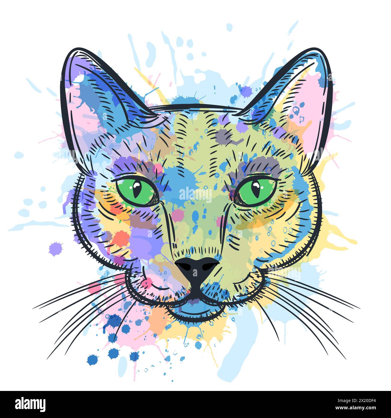 Cat portrait watercolor colorful drawing. Vector sketch illustration of cute kitten head isolated on white background. Fashion print or poster design Stock Vector