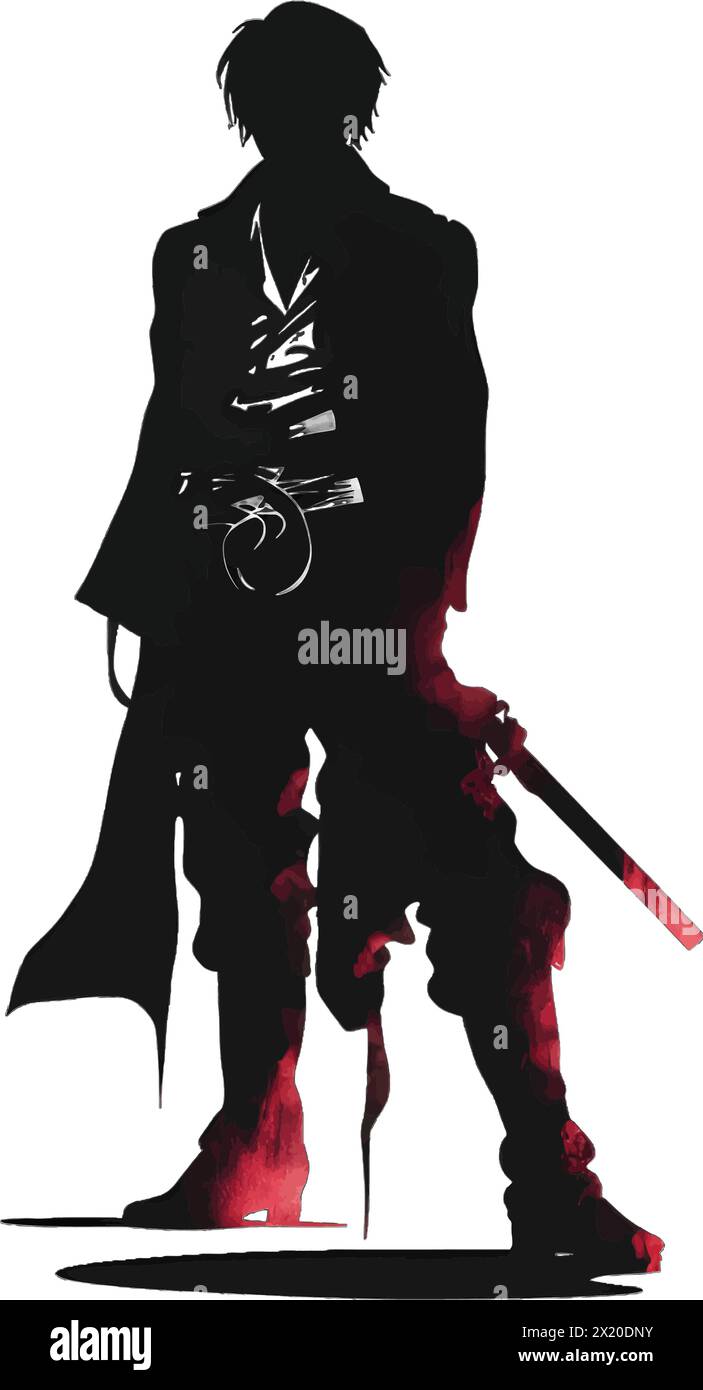 Vector illustration of a man with a sword in black silhouette against a ...