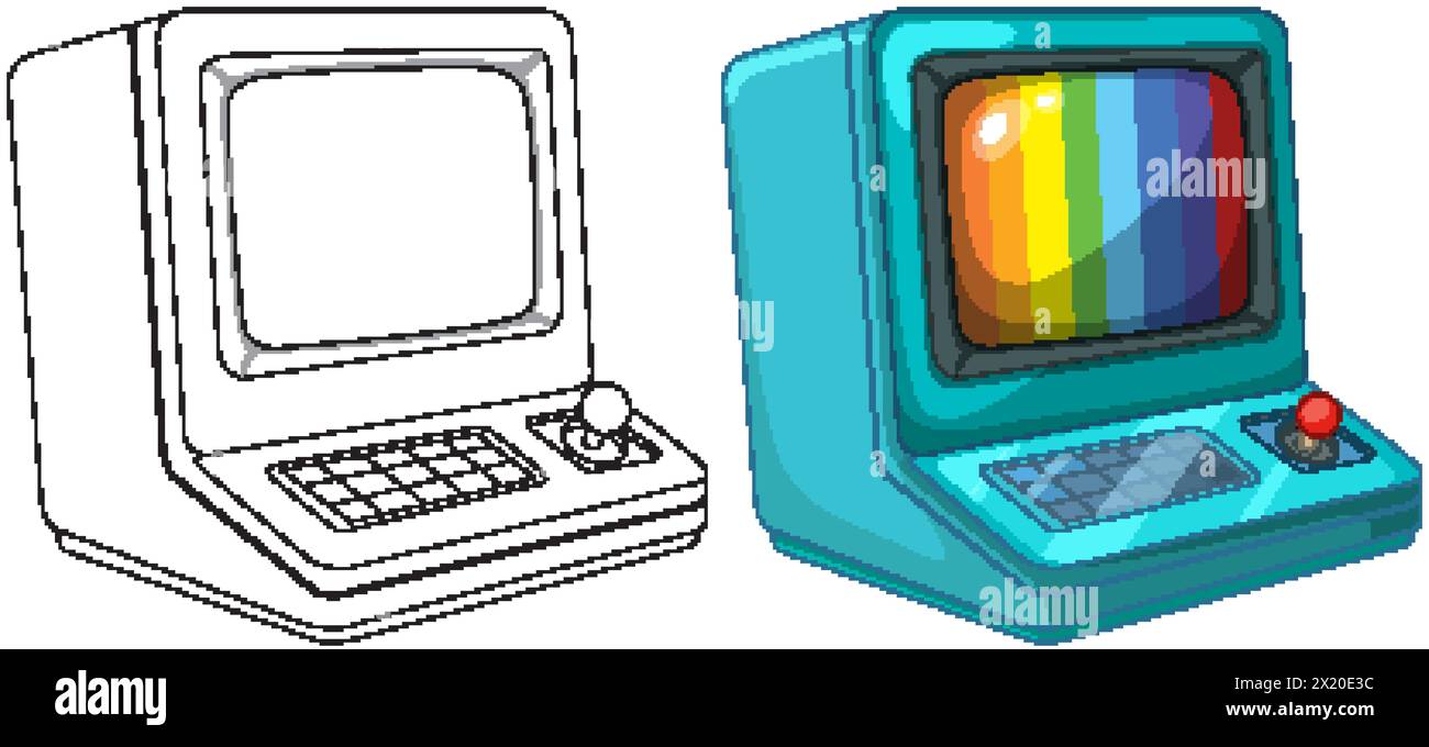 Colorful vintage computers from the early tech era Stock Vector
