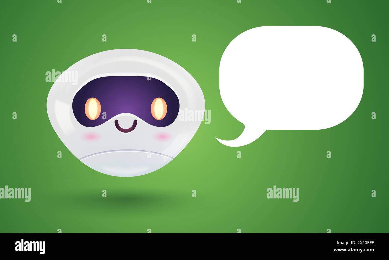 Vector illustration of a cute robot with a speech bubble. Vector icon for chatbot with message in realistic style. Stock Vector