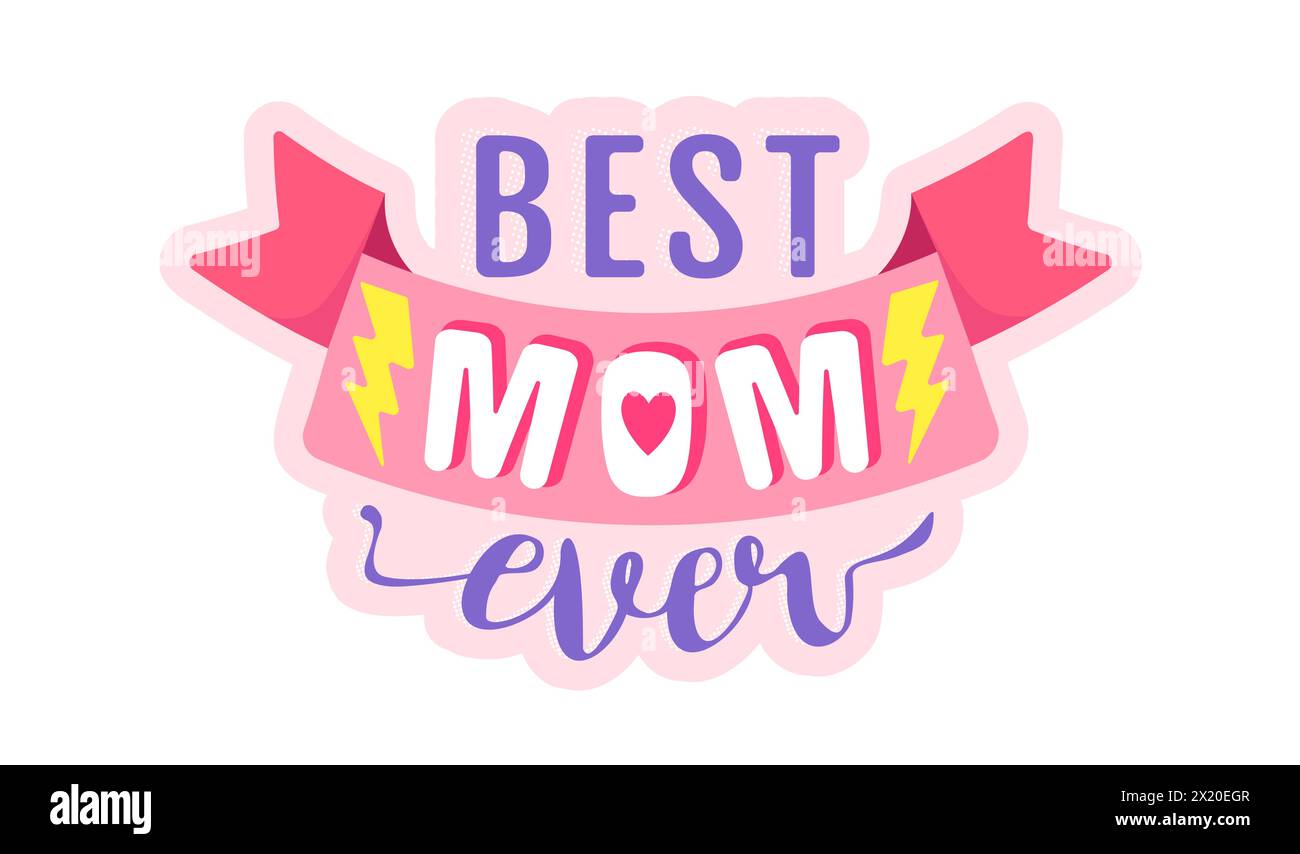 Vector vintage logo with pink ribbon for Mother's day. Retro emblem for Mom. Poster of super mom with pink ribbon for Mother day. Stock Vector