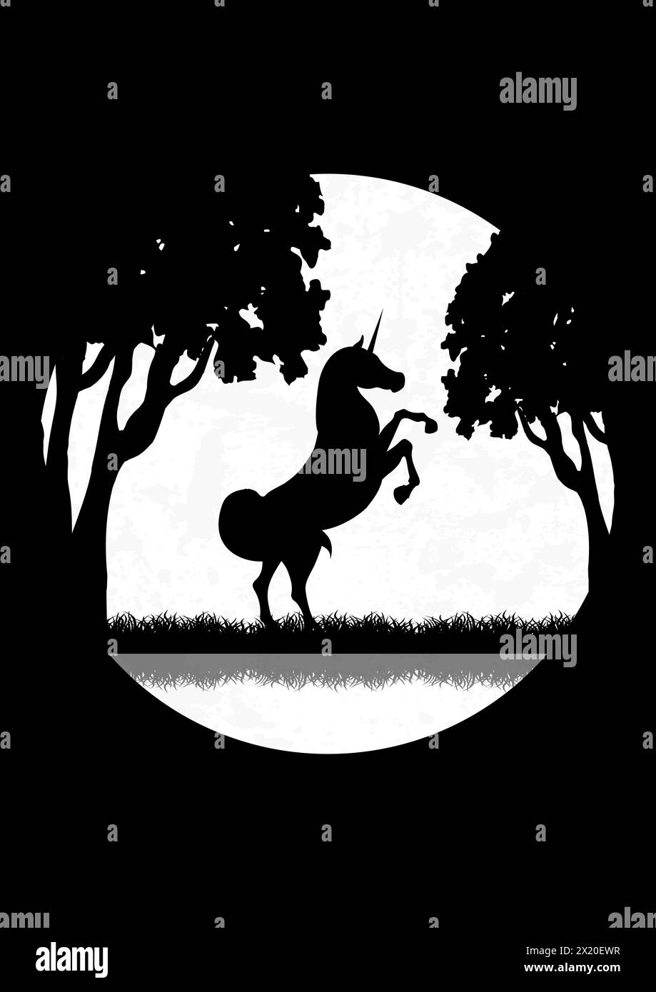 Unicorn silhouette standing in dusk meadow. Fairy tale meadow landscape, full moon and horse illustration. Mid century modern minimalist art print. Stock Vector