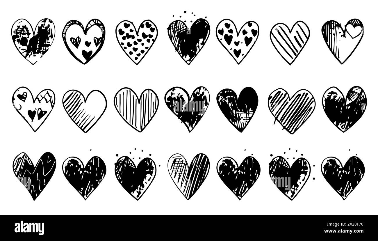Doodle heart icon set, sketch love vector hand drawn shapes. Scribble ...