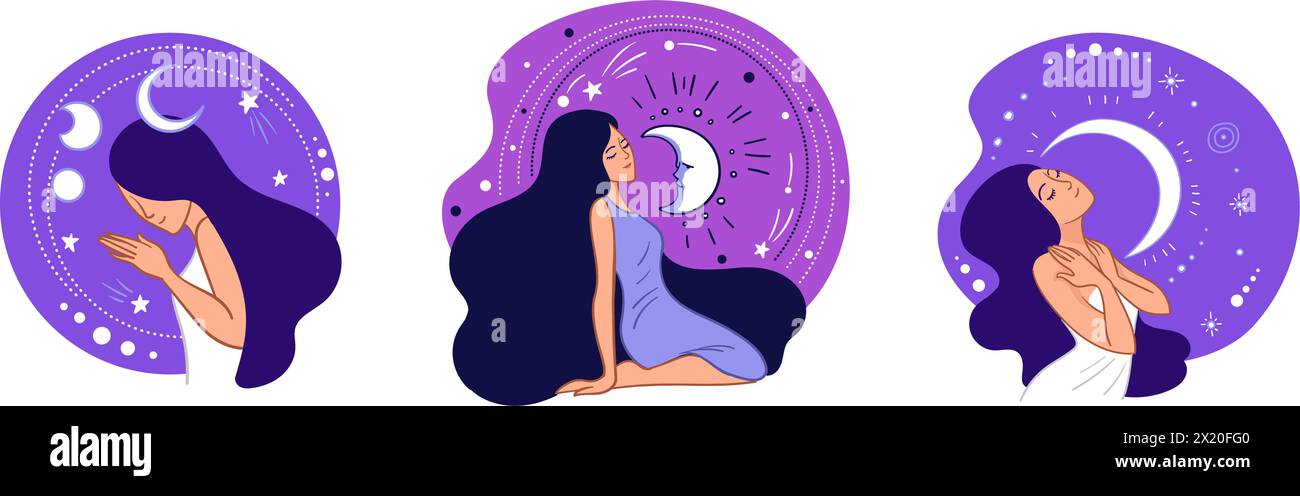 Mystical Moon Phases Female Figures Stock Vector