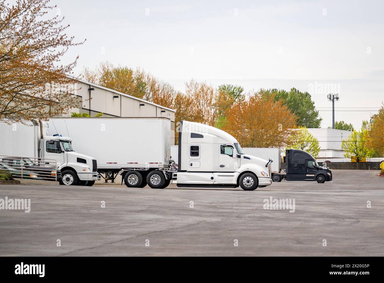 Industrial standard different bonnet long hauler big rig semi trucks with dry van semi trailers standing in the warehouse dock gates loading commercia Stock Photo