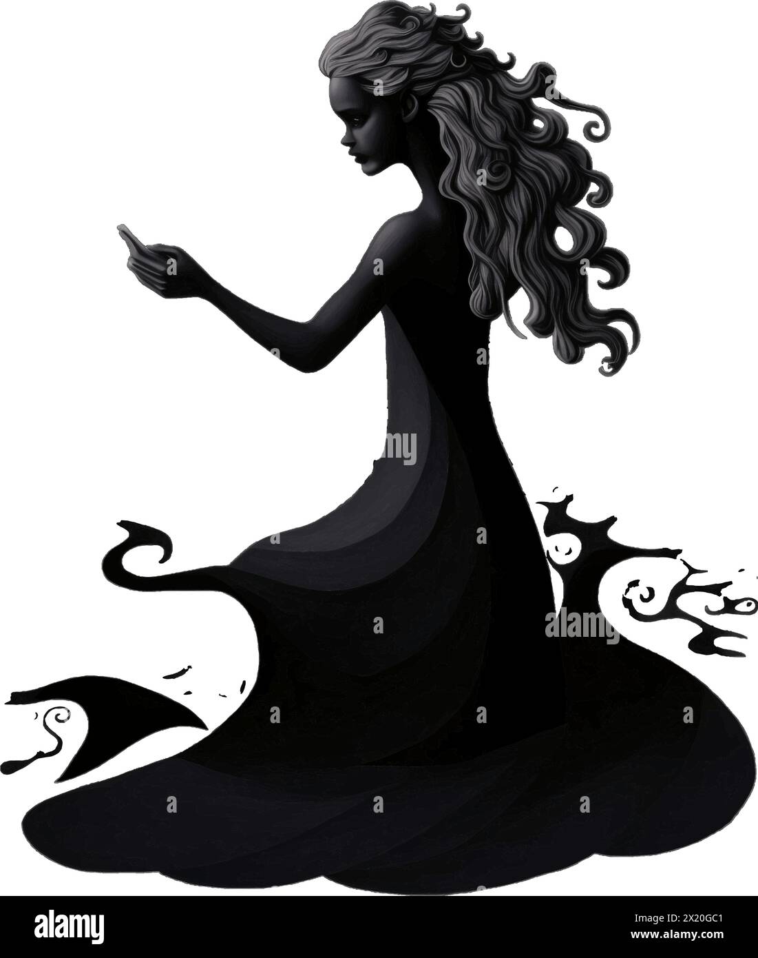 Vector illustration of a woman in a long dress in black silhouette ...