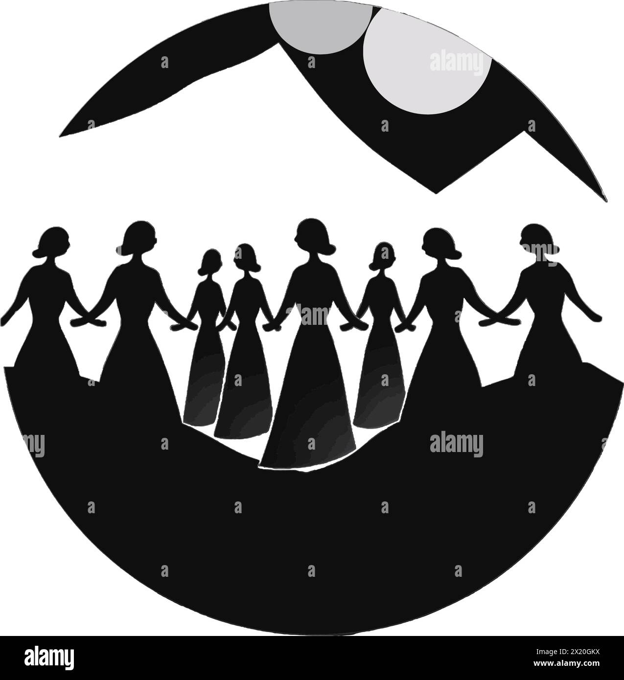 Vector illustration of a people in a circle in black silhouette against a clean white background, capturing graceful forms of this vector. Stock Vector