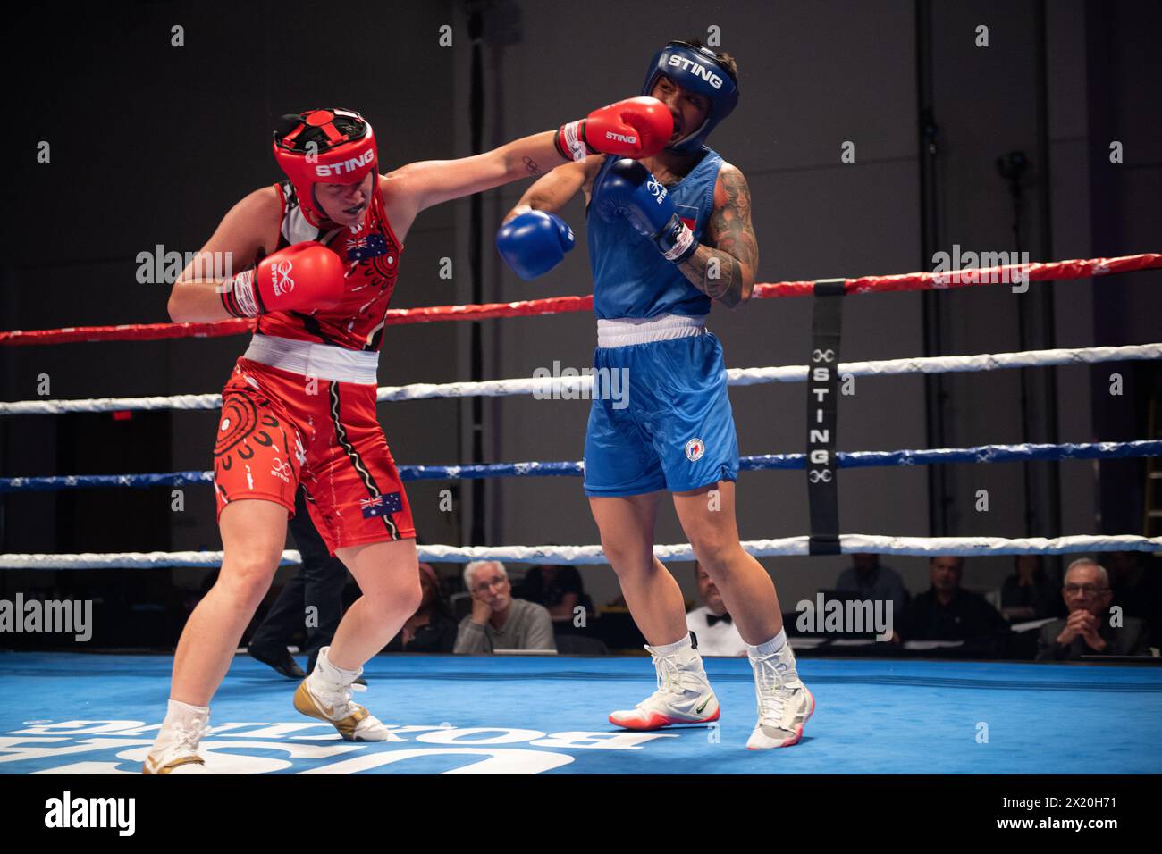 Pueblo, Colorado, USA. 18th Apr, 2024. Caitlin Parker of Australia(Red) defeats Hergie Bacyadan of the Philippines(Blue) in a women's 75 kg second round match. Credit: Casey B. Gibson/Alamy Live News Stock Photo