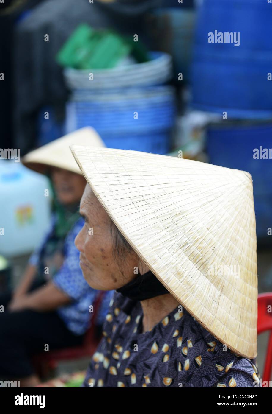 Portrait of an elderly Vietnamese woman taken at a local market in Hội An, Vietnam. Stock Photo